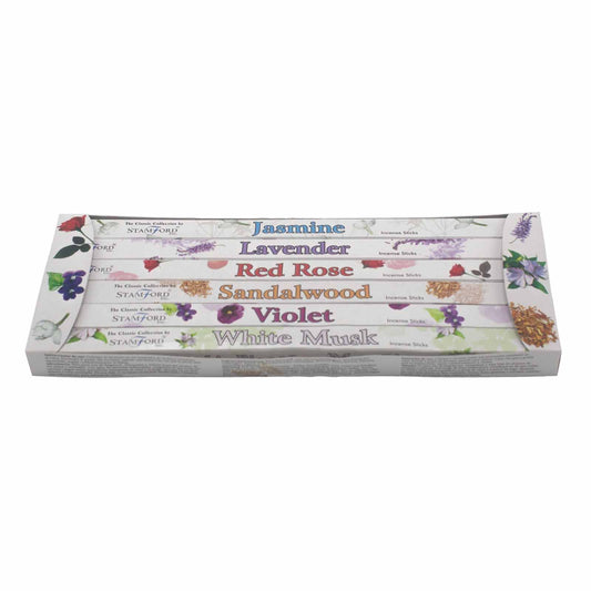 Stamford incense sticks variety pack featuring Jasmine, Lavender, Red Rose, Sandalwood, Violet, and White Musk scents.