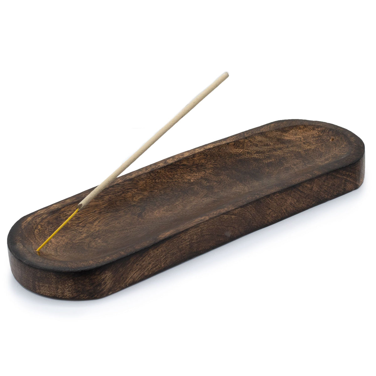 Wooden incense holder with a single incense stick on a white background