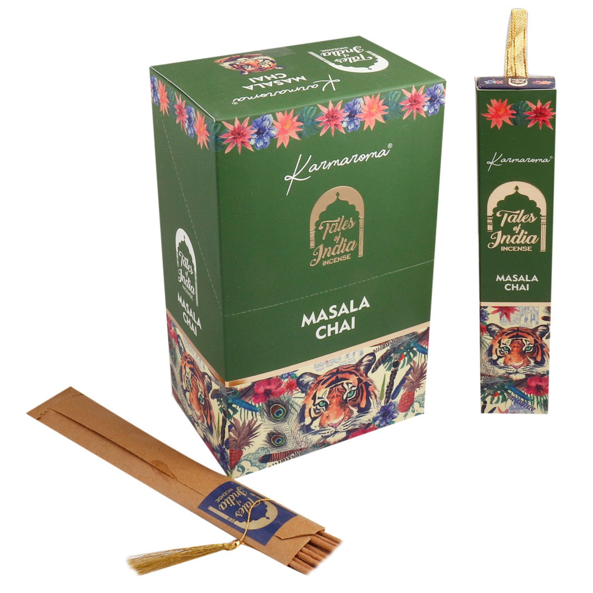 Karmaroma Tales of India Masala Chai incense sticks and green packaging.