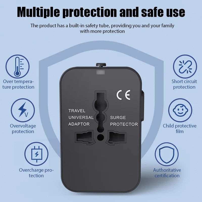 Adaptador de Viaje Universal con USB – Enchufe Internacional EU/US con Protección Infantil