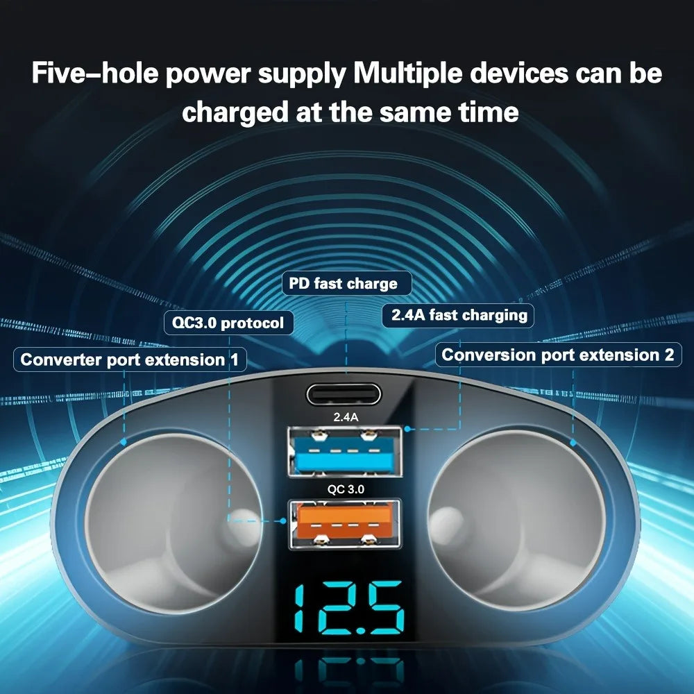 Cargador de Coche 3 Puertos con Carga Rápida y Pantalla Digital