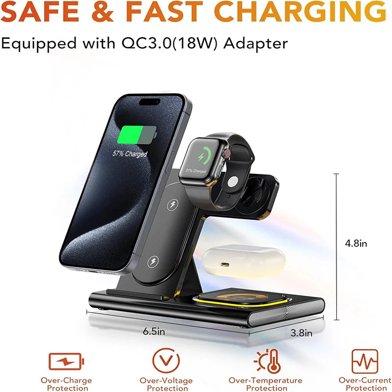 Soporte de Carga Inalámbrica 3 en 1 Plegable para iPhone, Apple Watch y AirPods