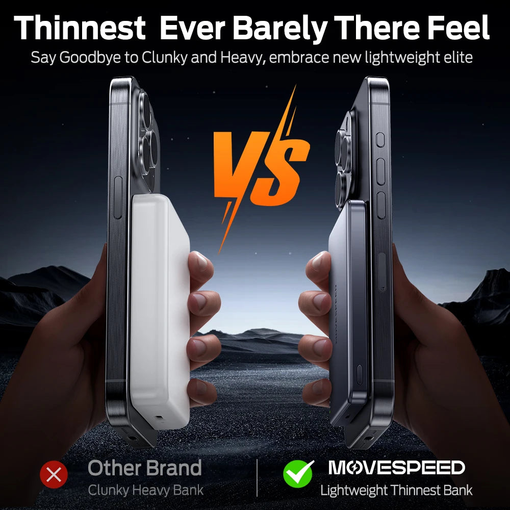 Power Bank Magnético MOVESPEED 10000mAh – Ultradelgado, PD 20W, Carga Inalámbrica 15W, Diseño Metálico Premium