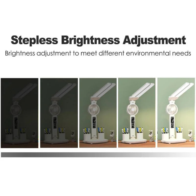 Lámpara de Escritorio LED Recargable con Ventilador y Reloj Digital