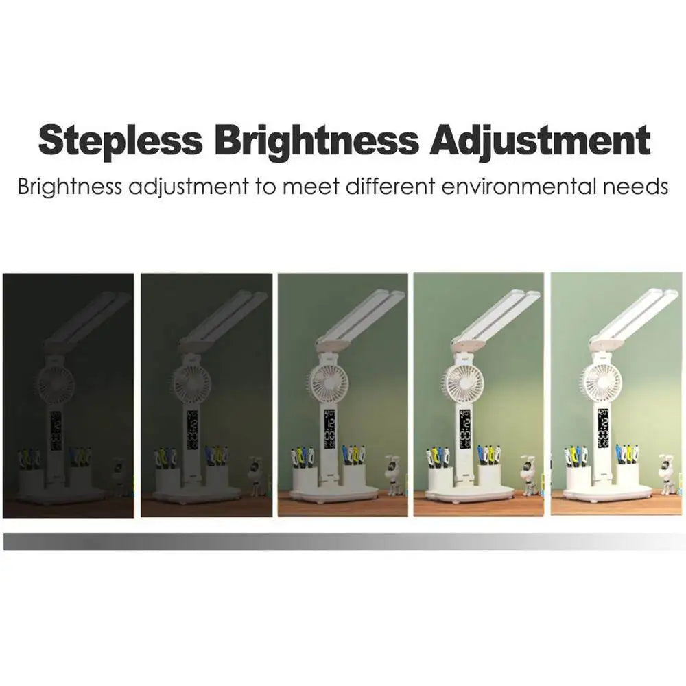 Lámpara de Escritorio LED Recargable con Ventilador y Reloj Digital