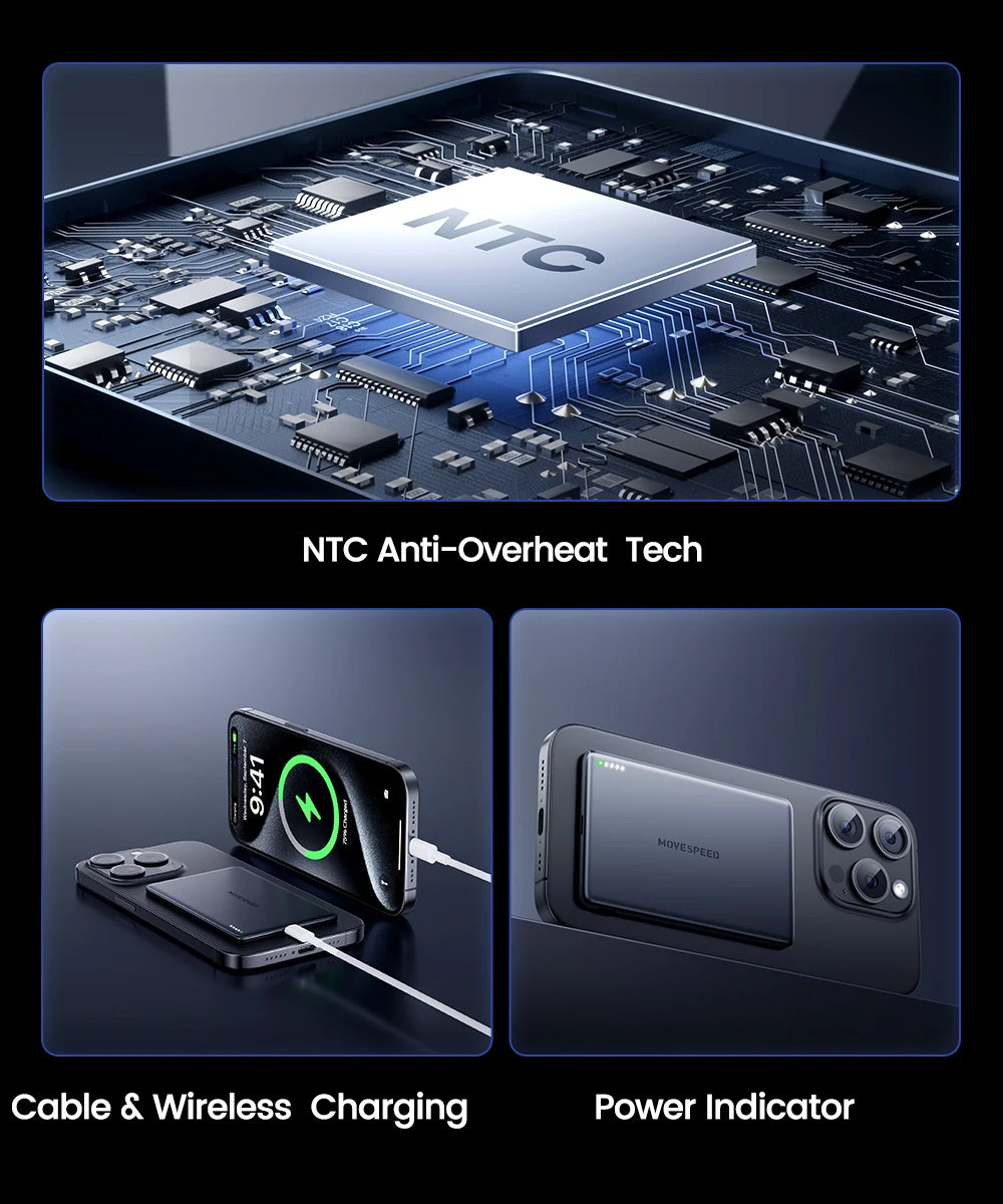 Power Bank Magnético MOVESPEED 10000mAh – Ultradelgado, PD 20W, Carga Inalámbrica 15W, Diseño Metálico Premium