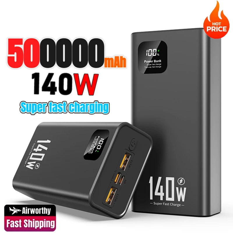 Power Bank Portátil 500000mAh con Carga Súper Rápida 140W – Batería Externa para iPhone, Samsung, Xiaomi y Huawei