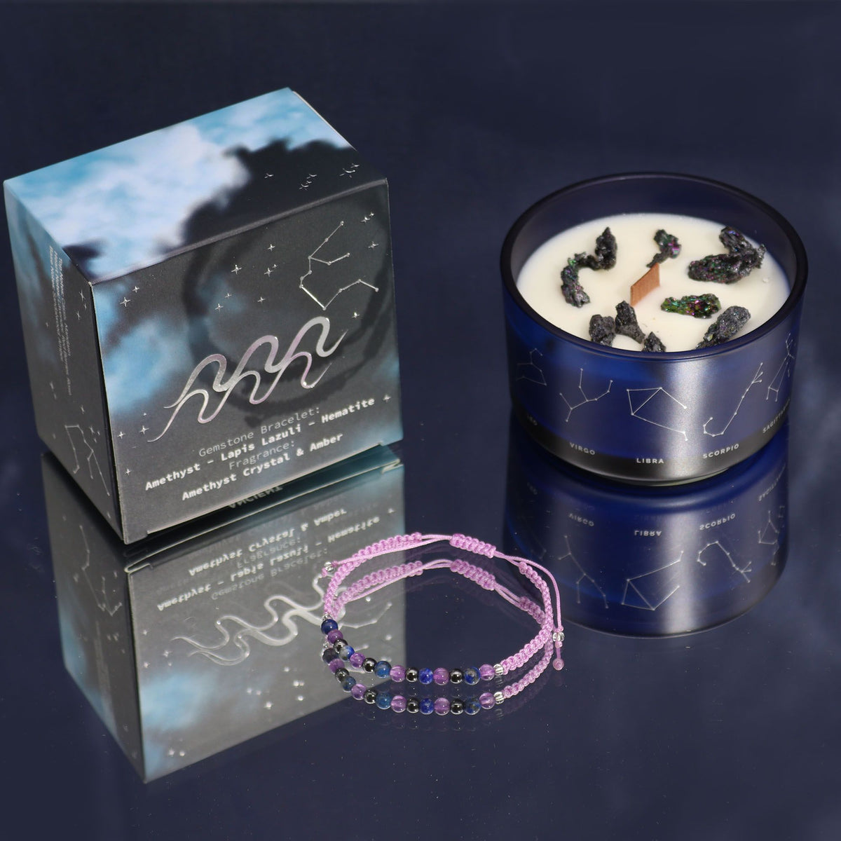Vela de Cristal del Zodiaco con Pulsera de Piedras Preciosas - Acuario