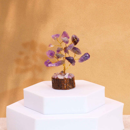 Mini arbre de pierres précieuses sur socle en bois - Améthyste (15 pierres)