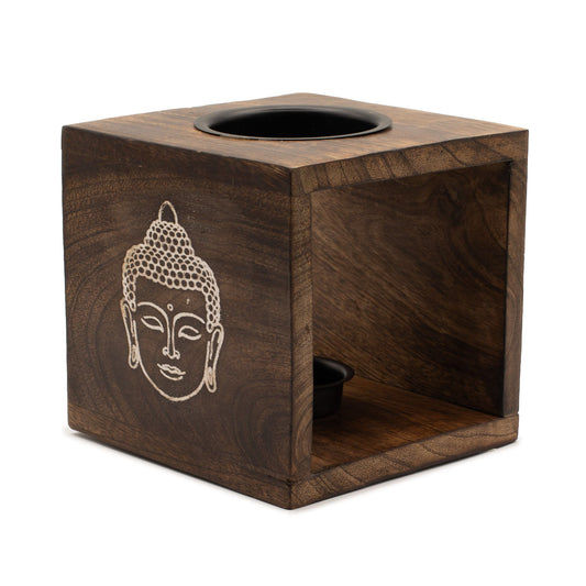 Große quadratische Räucherlampe aus Mangoholz – Buddha-Gesicht