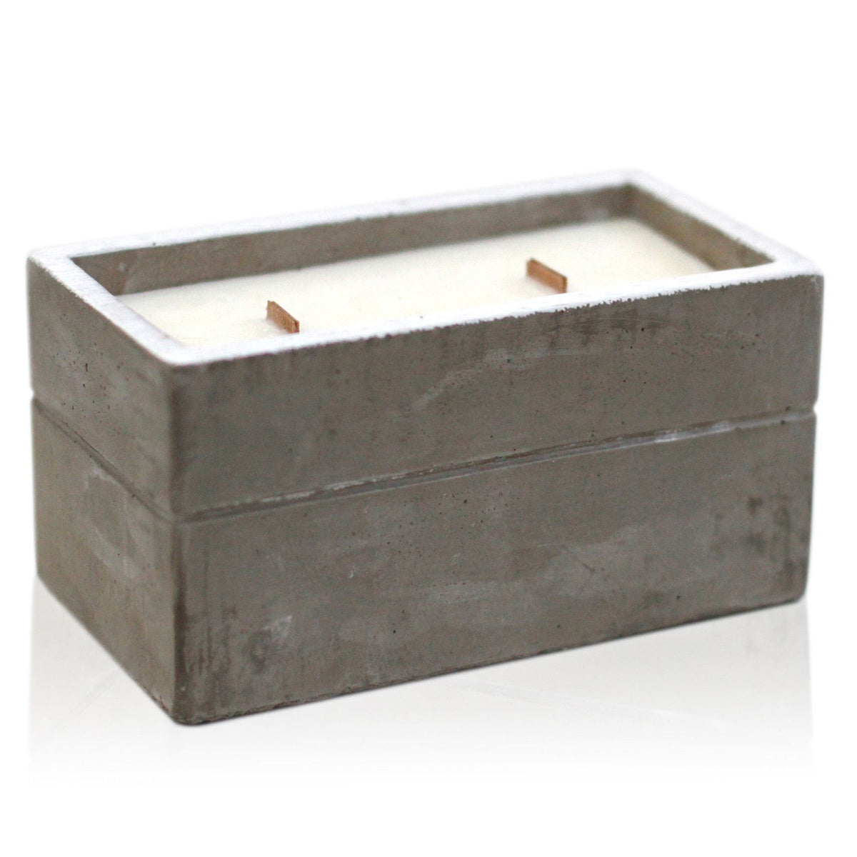 Rectangular concrete candle holder with white wax and two wooden wicks