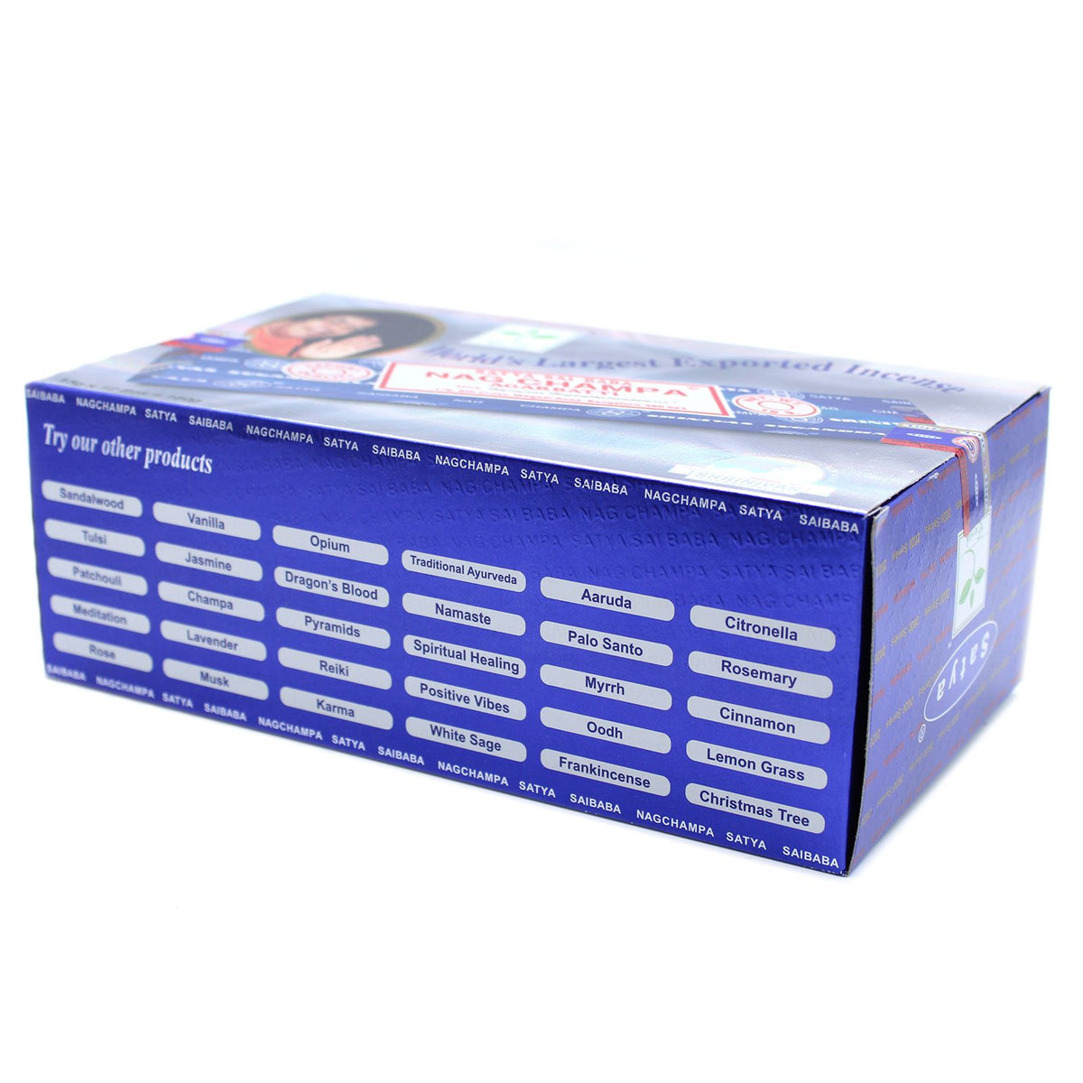 Blue box of Nag Champa incense sticks showing a variety of fragrance options.