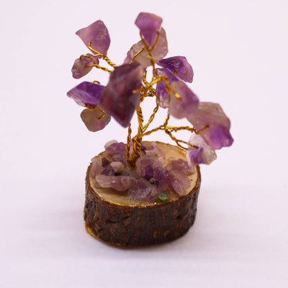 Mini arbre de pierres précieuses sur socle en bois - Améthyste (15 pierres)