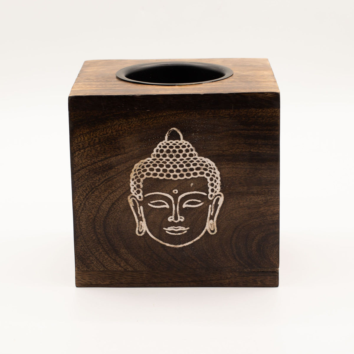 Große quadratische Räucherlampe aus Mangoholz – Buddha-Gesicht