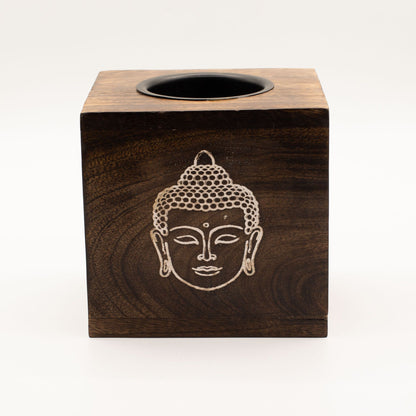 Große quadratische Räucherlampe aus Mangoholz – Buddha-Gesicht
