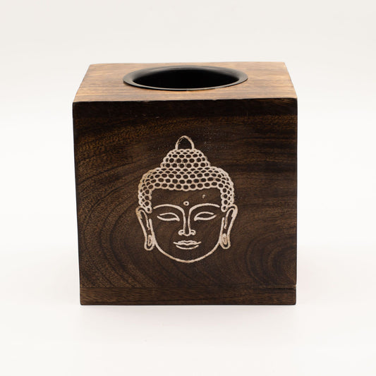 Große quadratische Räucherlampe aus Mangoholz – Buddha-Gesicht