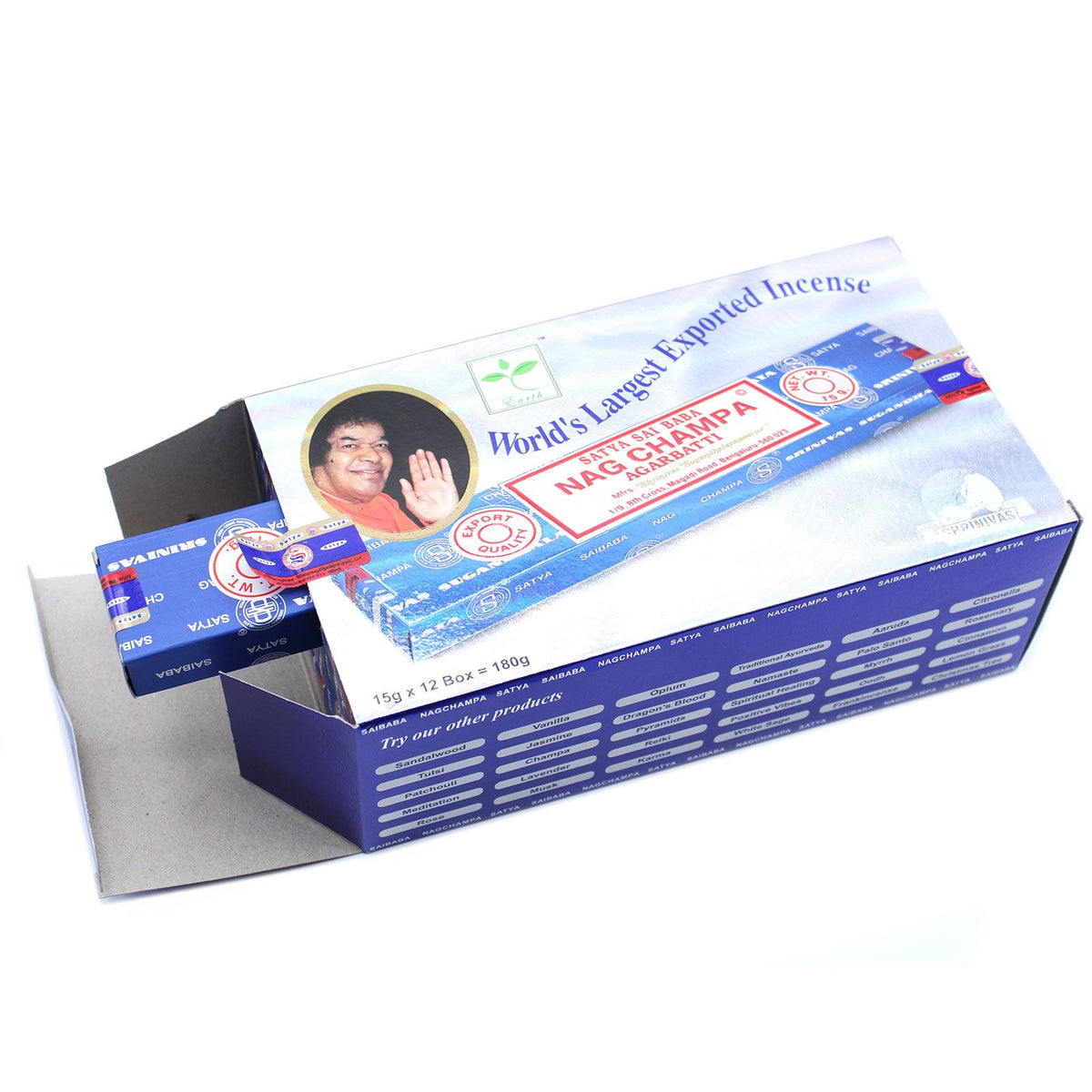 Box of Satya Nag Champa incense sticks containing 12 small packs.