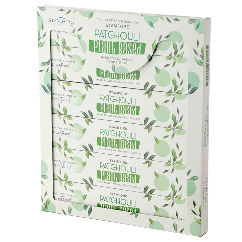Display box of Stamford Patchouli plant-based hand rolled masala incense sticks.
