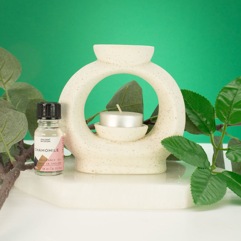 Quemador de aceite cerámico Zen - Gran ovalado de color guijarro - Blanco marfil moteado