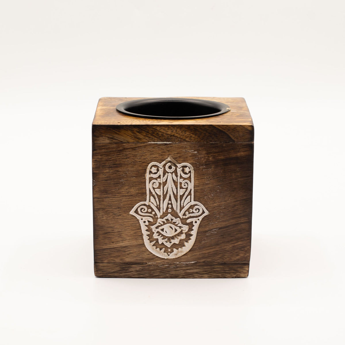 Brûleur à huile en bois de manguier carré - Hamsa