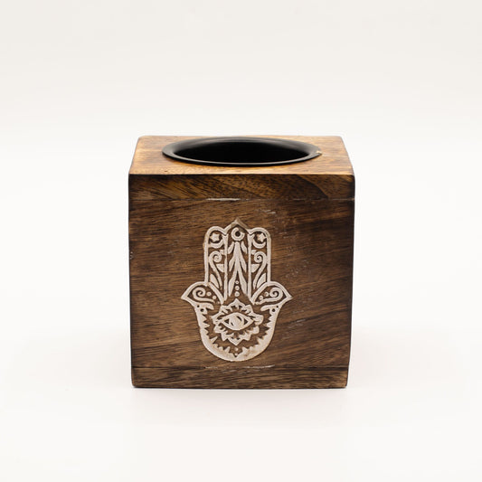 Quadratischer Mangoholz-Ölbrenner - Hamsa