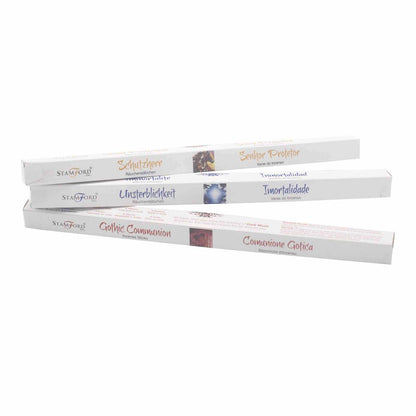 Three boxes of Stamford incense sticks: Schutzzerr, Unsterblichkeit, and Gothic Communion.