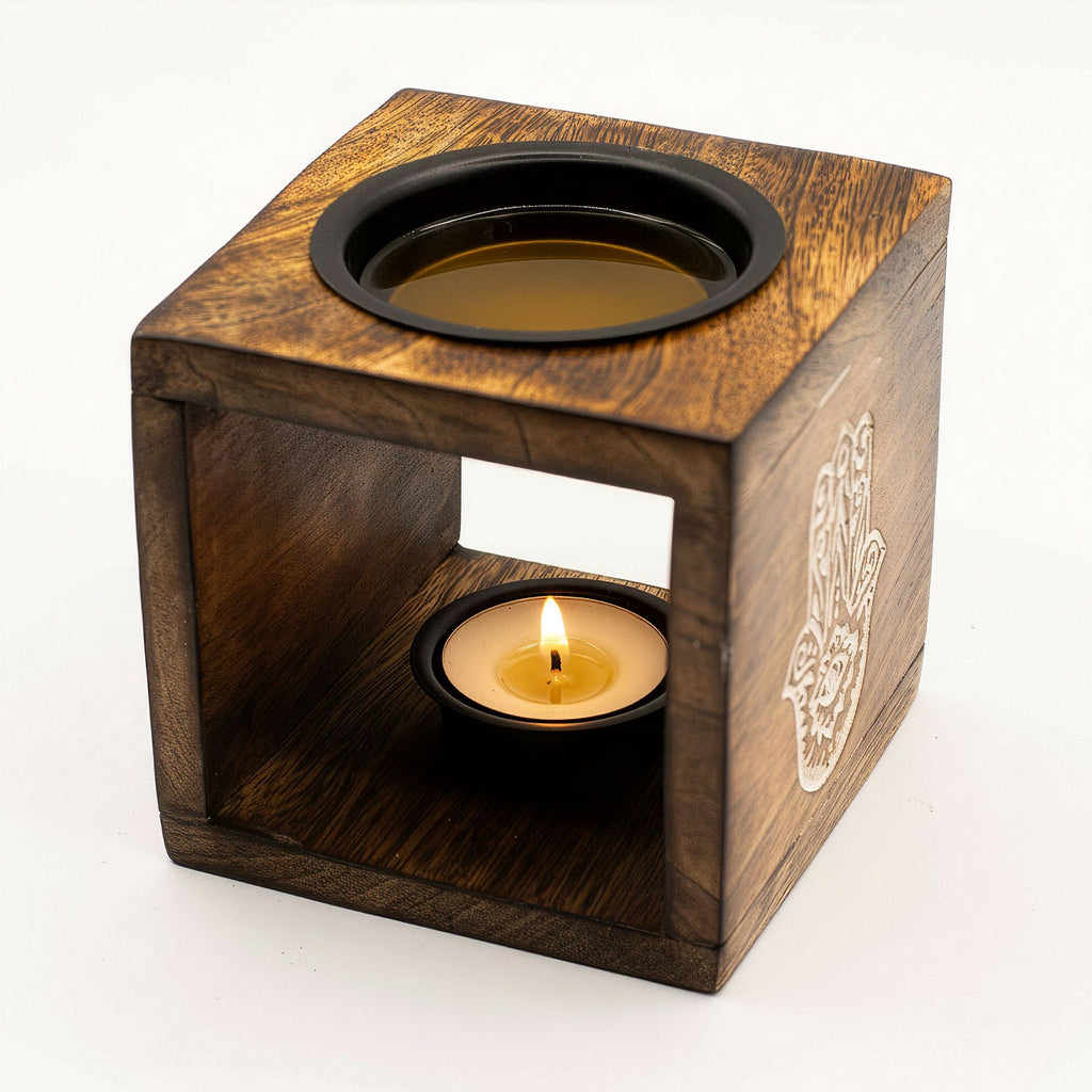 Quemador de aceite de madera de mango cuadrado - Hamsa