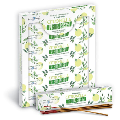 Stamford Citronella plant based hand rolled masala incense sticks in a display box.
