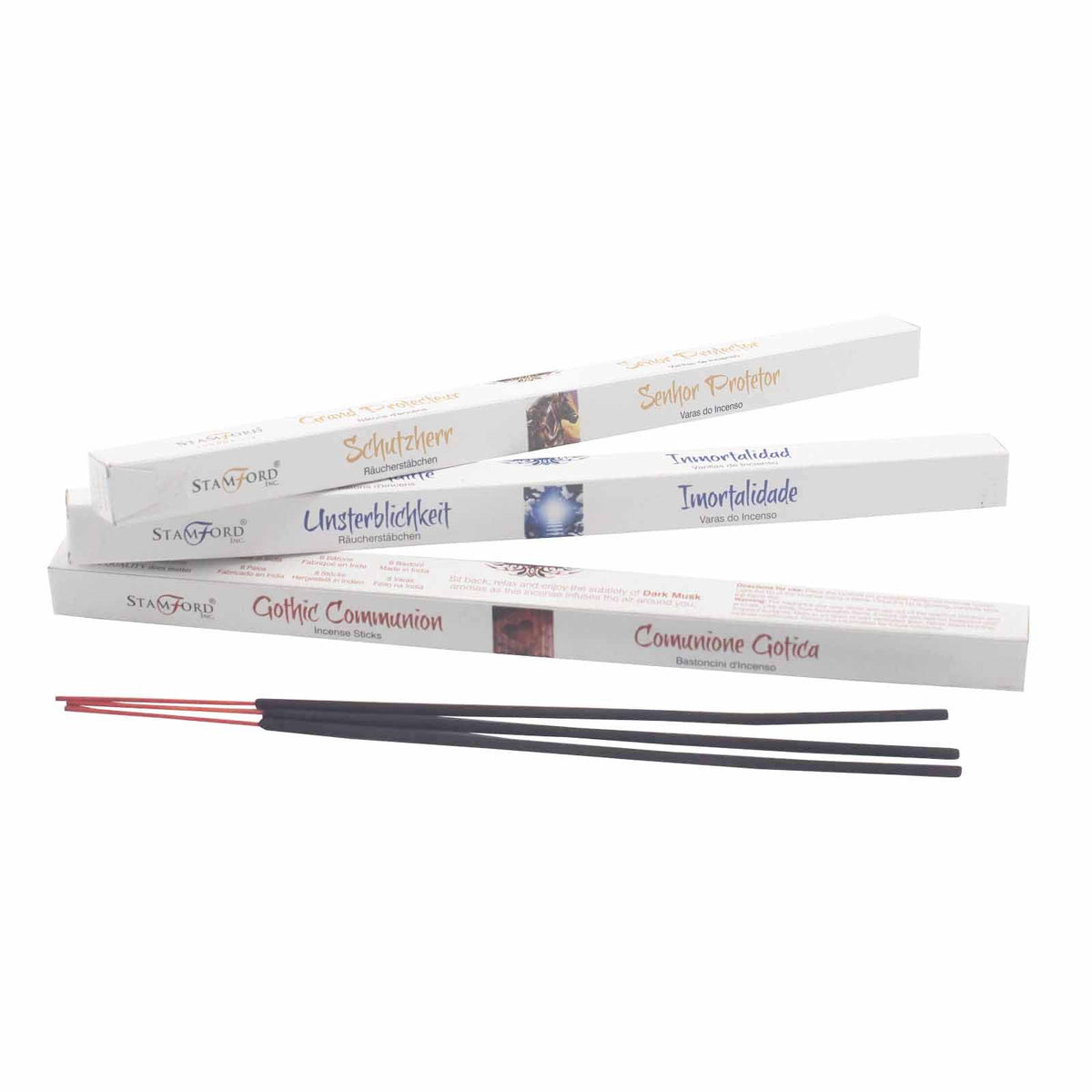 Stamford incense sticks in Gothic Communion and other themed packaging boxes