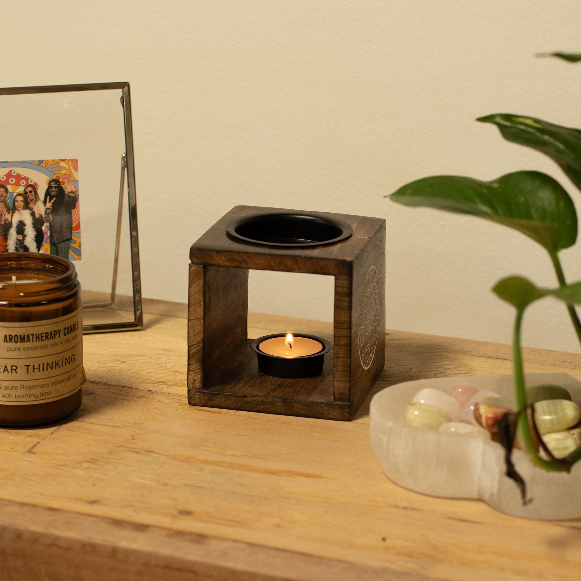 Quemador de aceite de madera de mango cuadrado - Flor de la Vida