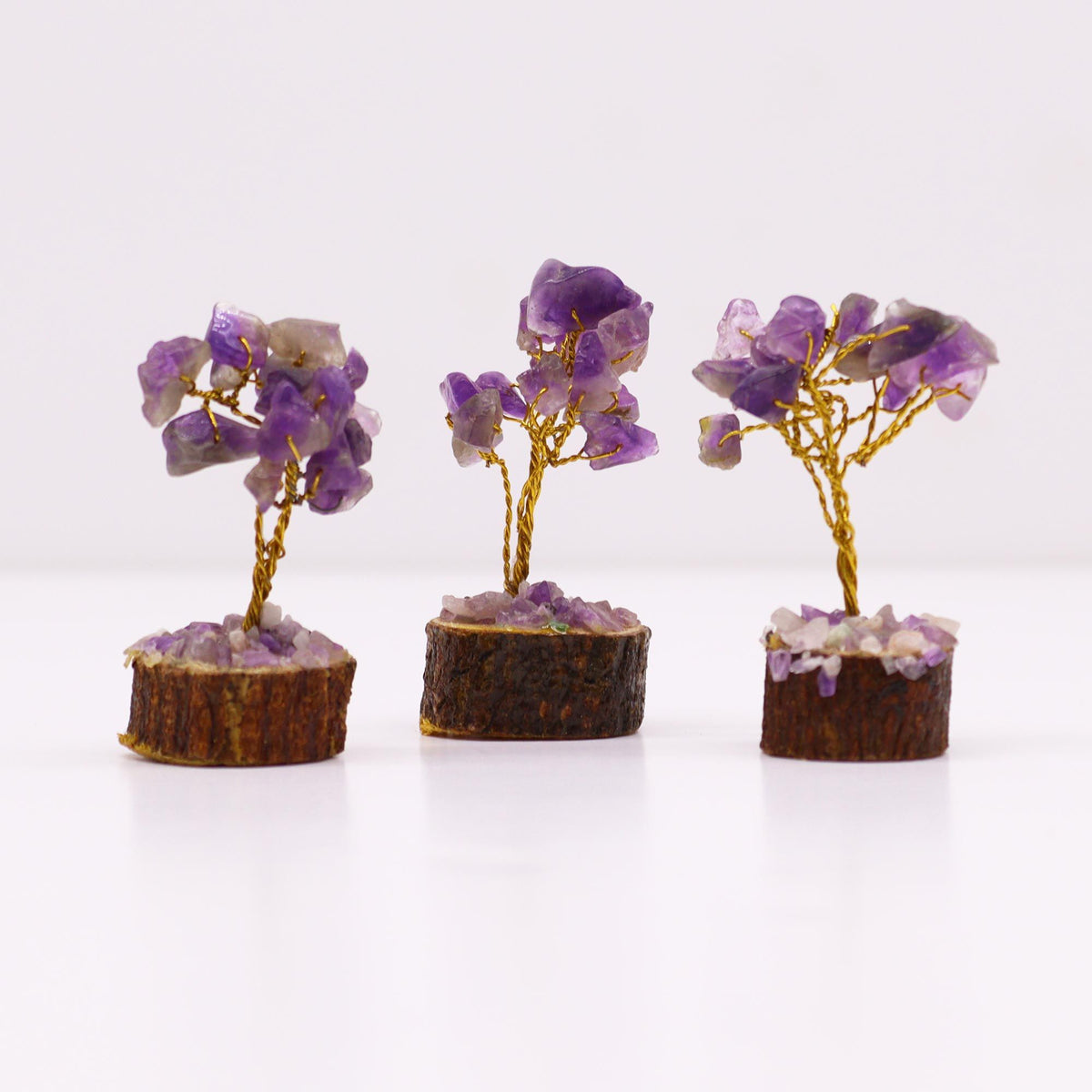Mini arbre de pierres précieuses sur socle en bois - Améthyste (15 pierres)