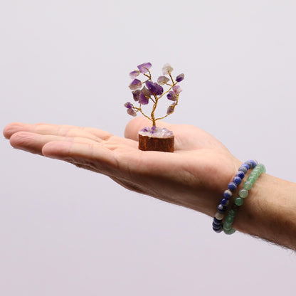 Mini arbre de pierres précieuses sur socle en bois - Améthyste (15 pierres)