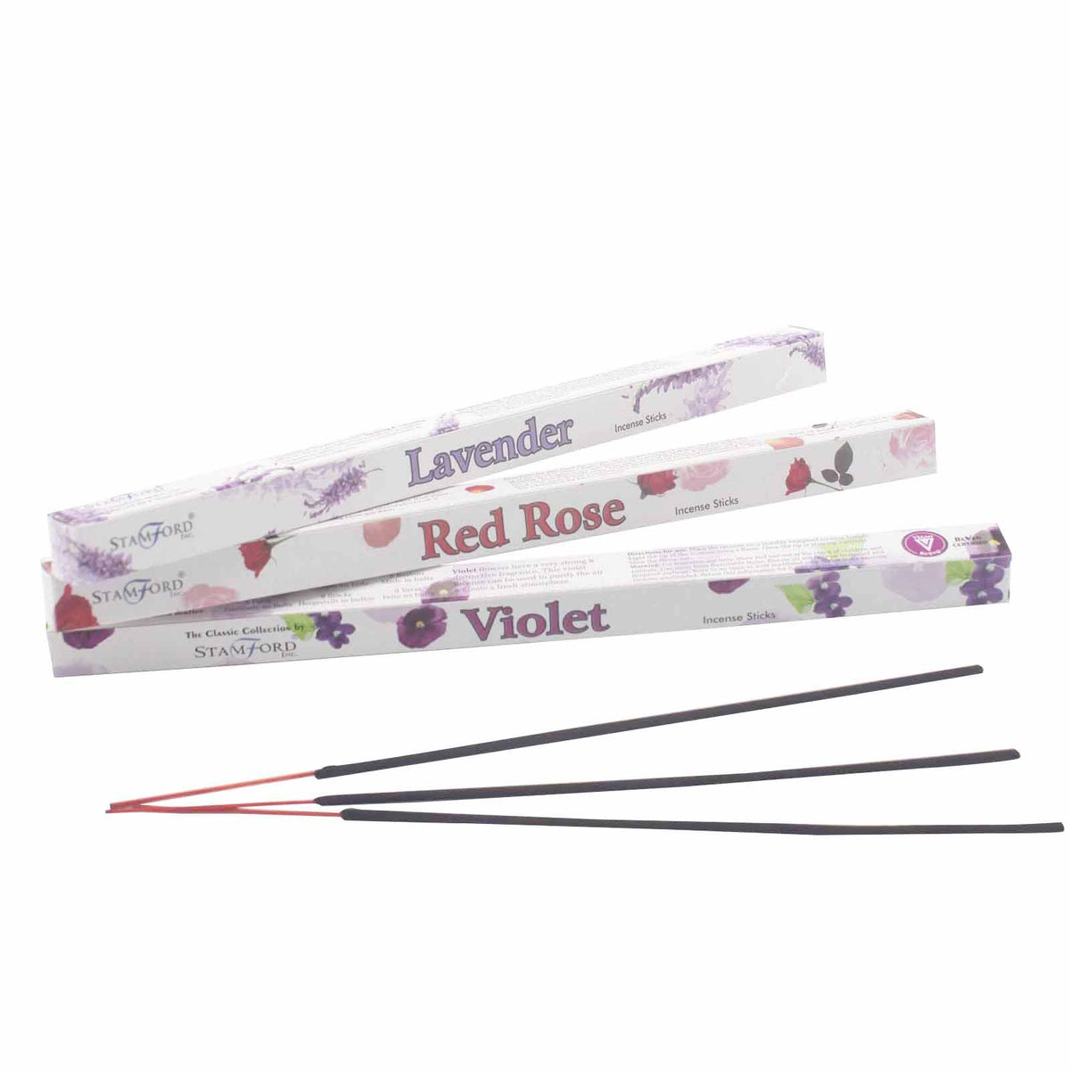 Stamford incense sticks in Lavender, Red Rose, and Violet scents with loose sticks.
