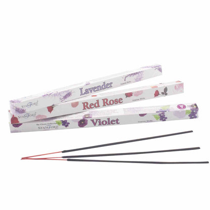 Stamford incense sticks in Lavender, Red Rose, and Violet scents with loose sticks.