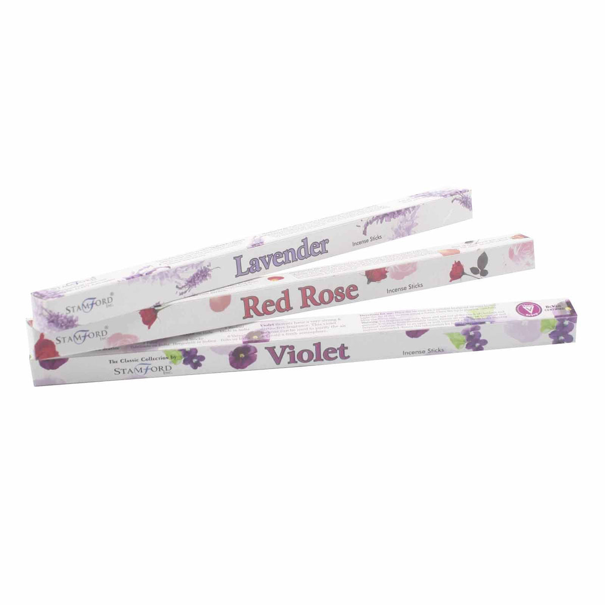 Three boxes of Stamford incense sticks in Lavender, Red Rose, and Violet scents.