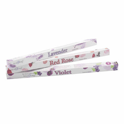 Three boxes of Stamford incense sticks in Lavender, Red Rose, and Violet scents.
