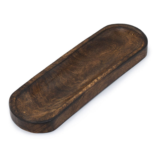Long oval-shaped dark wooden incense holder tray on a white background