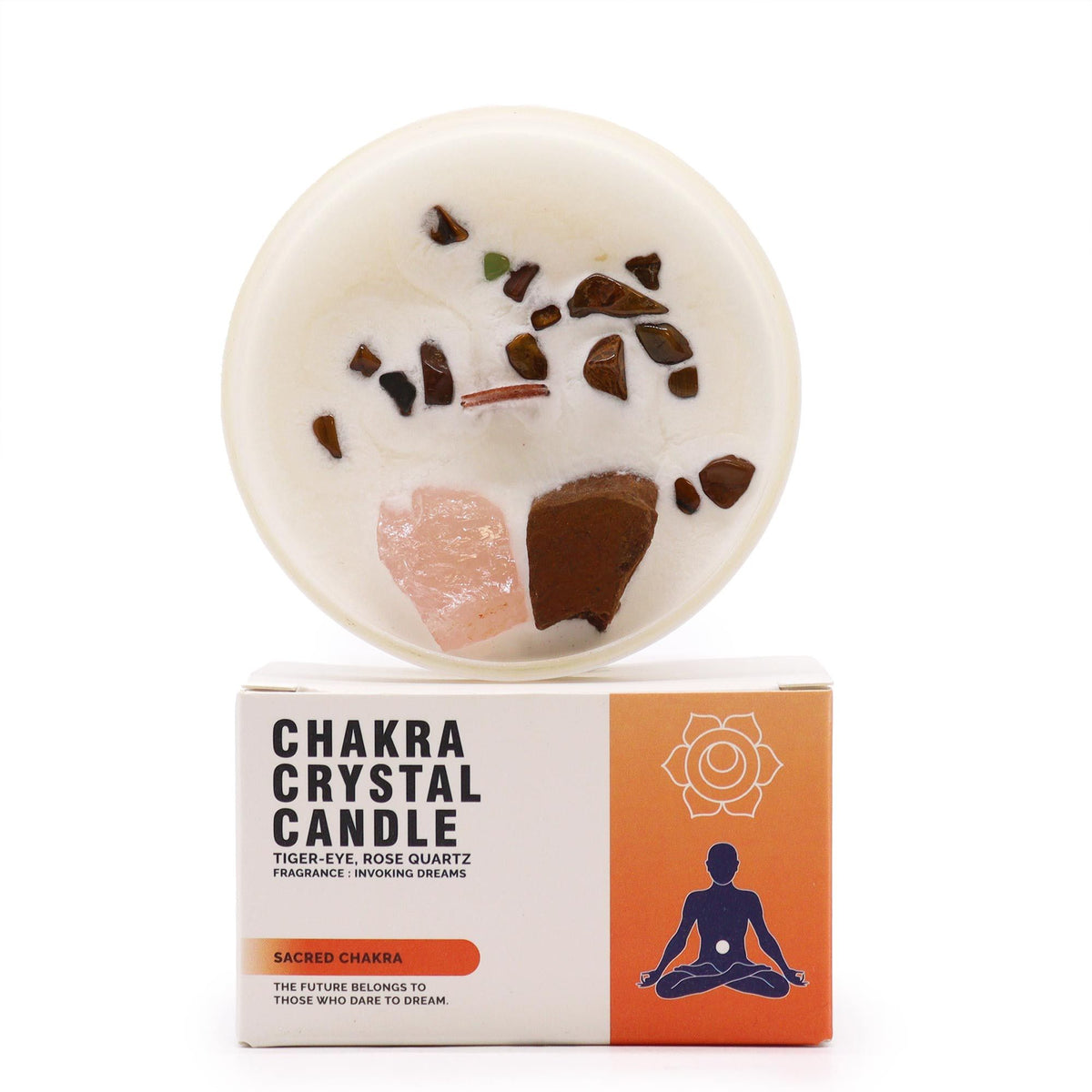 Sacred Chakra Crystal Candle with tiger-eye and rose quartz crystals in a white box.