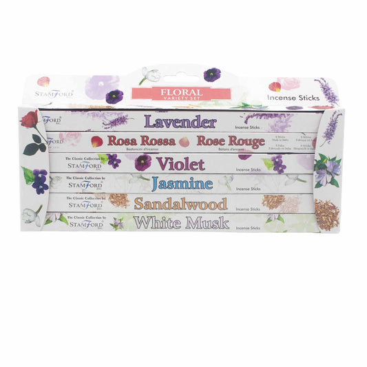 Stamford Floral Variety Set incense sticks in scents of Lavender, Rose, Violet, and Jasmine.