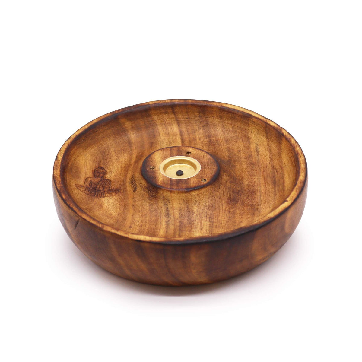 Handcrafted wooden incense burner bowl with a central brass holder