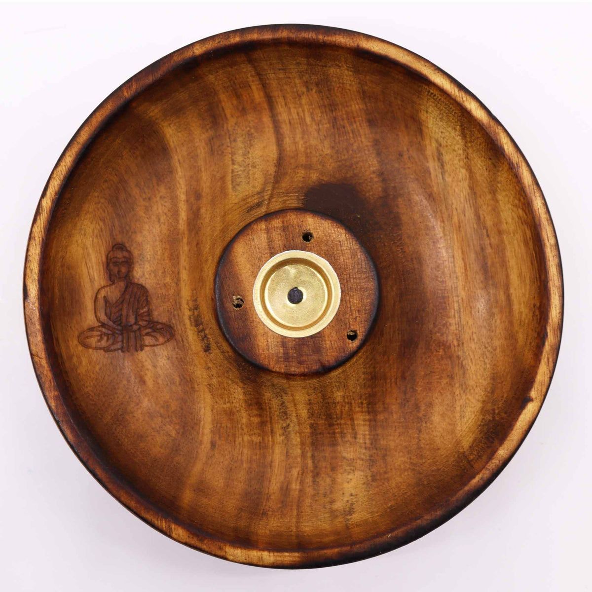 Wooden incense burner bowl with a golden center and a carved Buddha figure