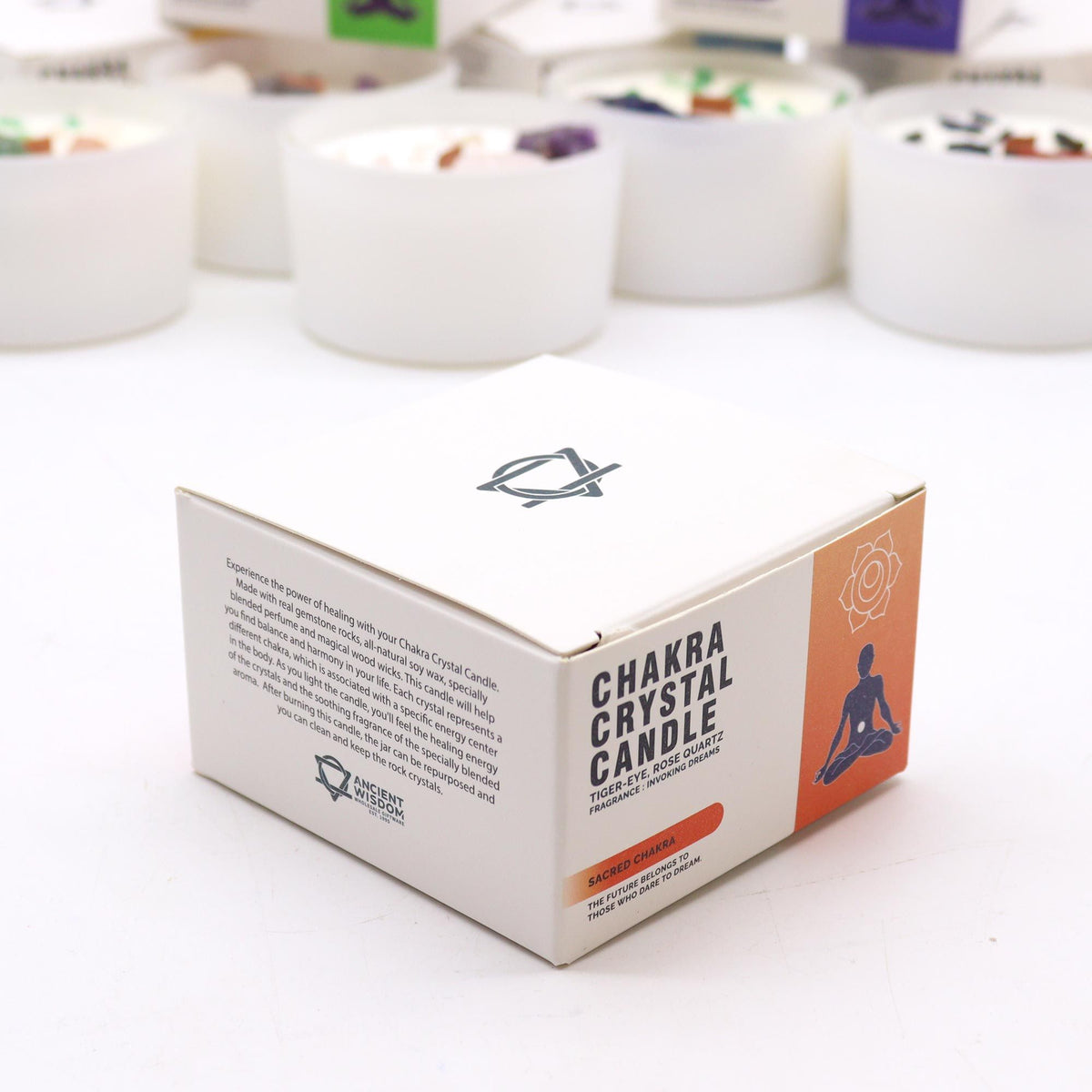 Chakra Crystal Candle packaging with Tiger-Eye and Rose Quartz fragrances