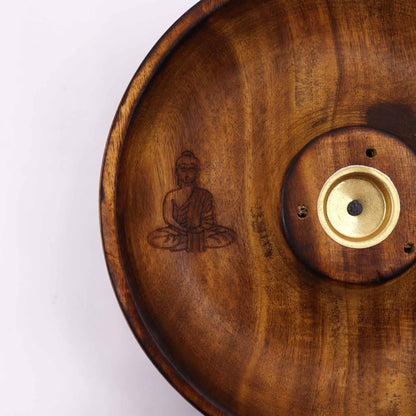 Wooden incense burner holder with engraved Buddha figure and metal center