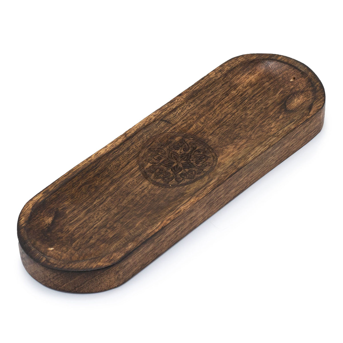 Handcrafted wooden incense burner tray with a carved mandala design
