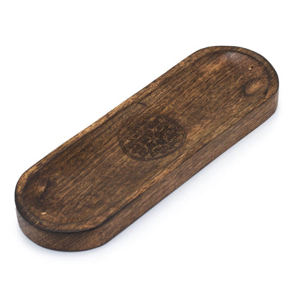 Handcrafted wooden incense burner tray with a carved mandala design