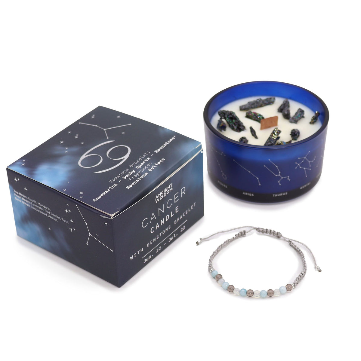 Vela de Cristal del Zodiaco con Pulsera de Piedras Preciosas - Cáncer