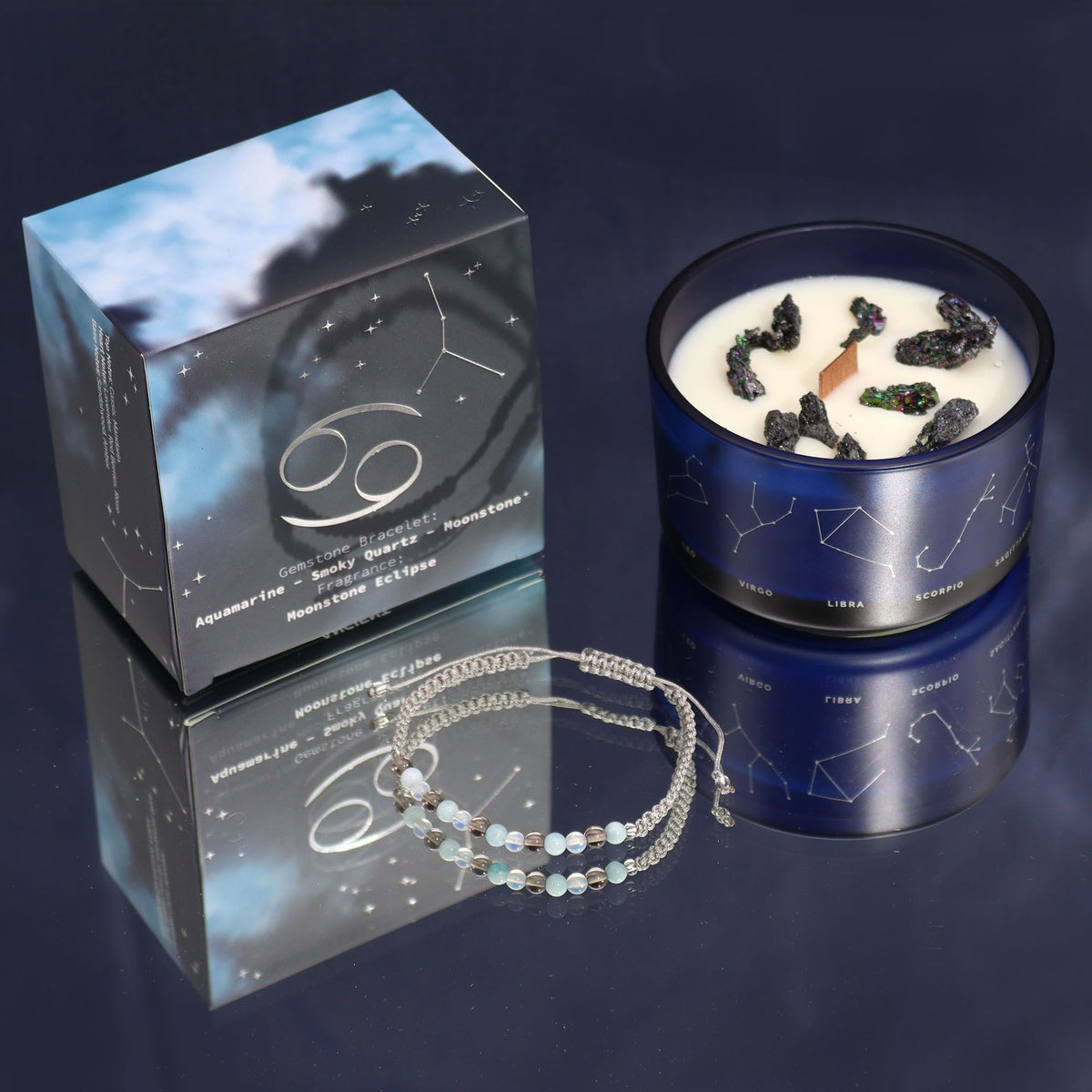 Vela de Cristal del Zodiaco con Pulsera de Piedras Preciosas - Cáncer