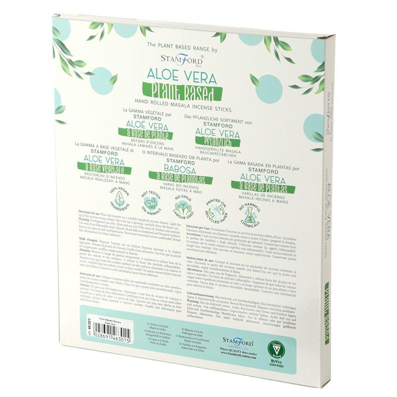 Box of Stamford Aloe Vera plant-based hand-rolled masala incense sticks.