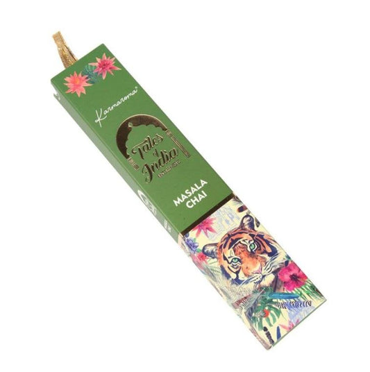 Karmaroma Tales of India Masala Chai incense sticks packaging with tiger illustration