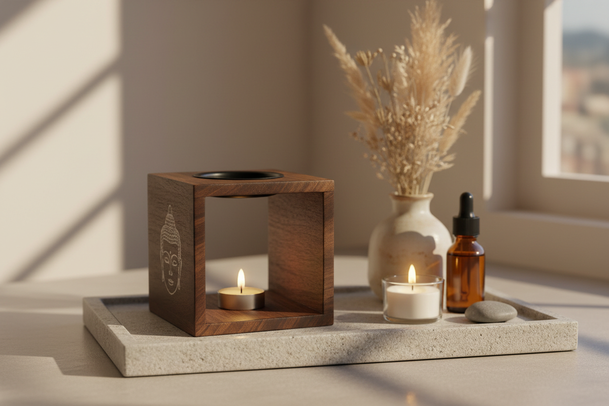 Bienestar en casa con quemador de madera y vela de té